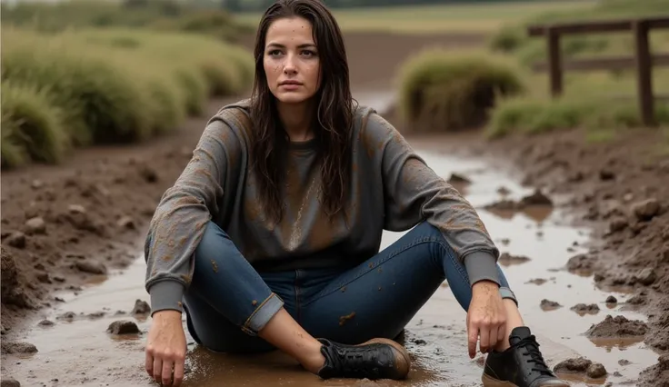  Realistic anatomy. 25 years old woman, Isabella, sitting in mud. mud on face, mud on hairs, wet hairs, raining. Girl is wearing a soaking wet and covered in mud sweatshirt, wet and mud covered skinny blue jeans, wet and mud covered black sneakers. dirty c...