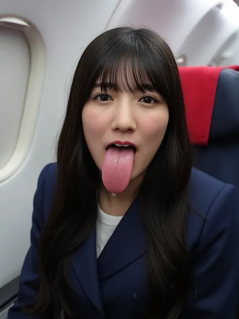  image according to the rules below , (((Japanese  woman with black hair))), Her age is 25, ((( cabin attendant sitting on a chair on an airplane))),  she sticks out her tongue sloppily ,  is arguing,(( dripping from her hair :1.2)),((  dripping from her n...