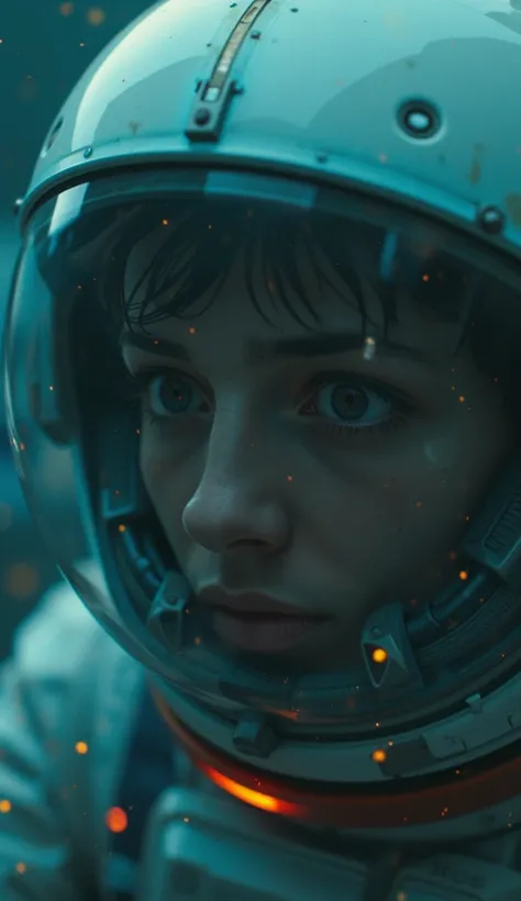 Astronaut close-up, space helmet reflection, intense gaze, cinematic lighting, teal and orange color scheme, dramatic contrast, high detail, moody atmosphere, sci-fi aesthetic, hyper-realistic texture, 8k resolution, portrait composition, futuristic spaces...