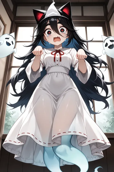 (masterpiece, best quality, amazing quality, very aesthetic, absurdres, ultra-detailed, newest, good anatomy, dark:1.4,  Midnight, cutie horror), (1ghost girl, ghost:1.3, transparent, Floating:1.5, fluffy long hair, big eyes, surprised, crying, thick eyebr...