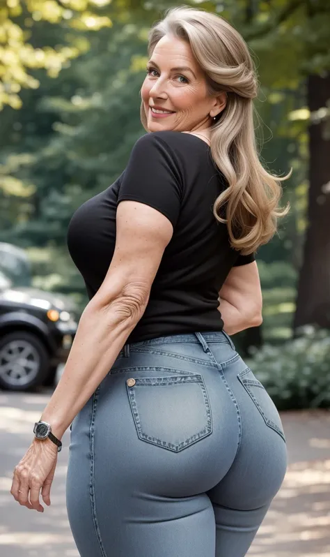 Artstyle of  Louise Dahl-Wolfe, 1girl, 65yo gilf with a massive booty, obese ass, walking in central park ,8k, best quality, trending on arstation, cinematic lighting, masterpiece, black shirt, jeans, smile, looking at viewer, skin pores, detailed skin, ra...