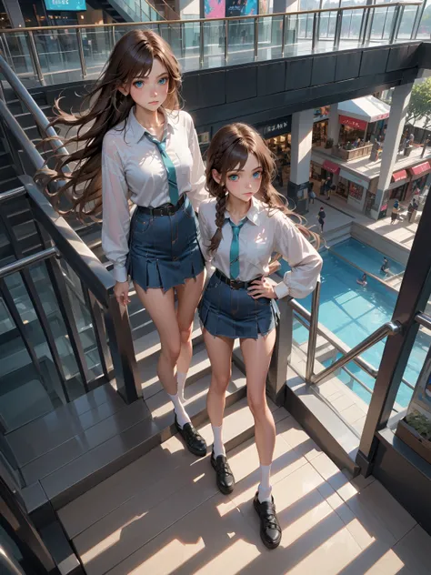 pretty teenage, standing posed, in shopping mall stairs, BREAK, (long hair with braid, dark-brown hair), BREAK, ( white long sleeves blouse-shirt, teal-blue necktie, denim skirt with black belt, white socks, black sneaker sandals), BREAK, (1girl, solo, ful...