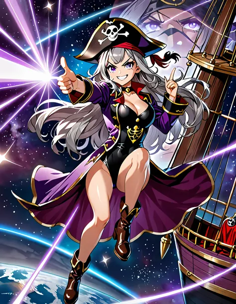 masterpiece, high quality, high resolution, highly detailed, Mature Woman，one person，Long and shiny hair， v-shaped eyebrows, purple_Eye , grin, Grey Hair, lips，space, floating, pirate ship background, purple Pirate Captain Costume, pirate hat， black leotar...