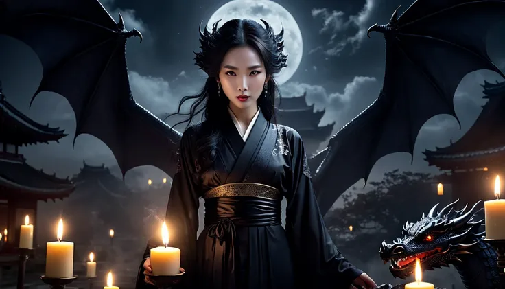 (  rolled up  ,4K,8k, highres, masterpiece:1.2),  ultra detailed ,( realistic,photo realistic,photo- realistic:1.37), evil mystical black dragon , charming seductress , seductive eyes , dark seductive atmosphere, feudal Japan,night time,, powerful aura , t...