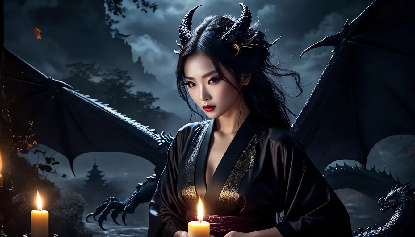 (  rolled up  ,4K,8k, highres, masterpiece:1.2),  ultra detailed ,( realistic,photo realistic,photo- realistic:1.37), evil mystical black dragon , charming seductress , seductive eyes , dark seductive atmosphere, feudal Japan,night time,, powerful aura , t...