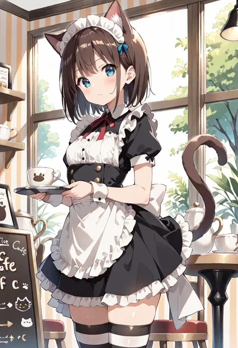 ((masterpiece, best quality, ultra detailed, high resolution, beautiful detailed face, beautiful detailed eyes, perfect hands)), (1 girl, solo), (cat ear and tail), (small breasts), (maid costume, maid headdress, maid apron), (black striped thighhighs), (c...