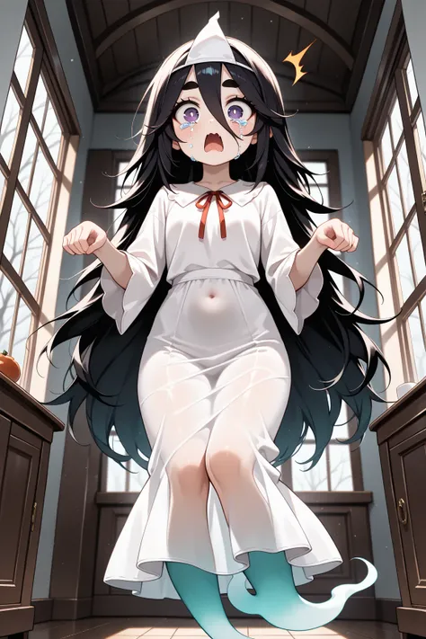 (masterpiece, best quality, amazing quality, very aesthetic, absurdres, ultra-detailed, newest, good anatomy, dark:1.4,  Midnight, cutie horror), (1ghost girl, ghost:1.3, transparent, Floating:1.5, fluffy long hair, big eyes, surprised, crying, thick eyebr...