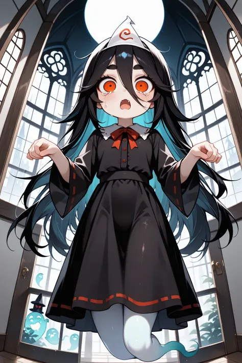 (masterpiece, best quality, amazing quality, very aesthetic, absurdres, ultra-detailed, newest, good anatomy, dark:1.4,  Midnight, cutie horror), (1ghost girl, ghost:1.3, transparent, Floating:1.5, fluffy long hair, big eyes, surprised, crying, thick eyebr...