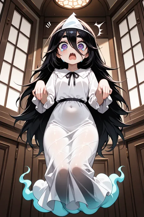 (masterpiece, best quality, amazing quality, very aesthetic, absurdres, ultra-detailed, newest, good anatomy, dark:1.4,  Midnight, cutie horror), (1ghost girl, ghost:1.3, transparent, Floating:1.5, fluffy long hair, big eyes, surprised, crying, thick eyebr...