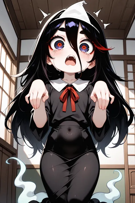 (masterpiece, best quality, amazing quality, very aesthetic, absurdres, ultra-detailed, newest, good anatomy, dark:1.4,  Midnight, cutie horror), (1ghost girl, ghost:1.3, transparent, Floating:1.5, fluffy long hair, big eyes, surprised, crying, thick eyebr...