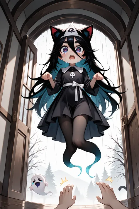 (masterpiece, best quality, amazing quality, very aesthetic, absurdres, ultra-detailed, newest, good anatomy, dark:1.4,  Midnight, cutie horror), (1ghost girl, ghost:1.3, transparent, Floating:1.5, fluffy long hair, big eyes, surprised, crying, thick eyebr...