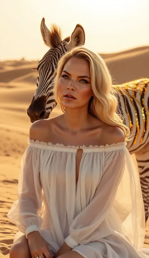 Ethereal Desert Muse

A stunning blonde woman with long, sun-kissed hair sits gracefully amidst the golden dunes of an endless desert. Her wavy locks flow freely in the warm breeze, catching the sunlight like strands of silk. She has striking eyes, accentu...