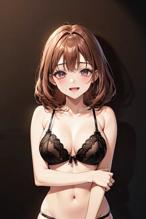 nagyung, ((grapefruit color eyes)), ((sexy grapefruit color lingerie))), Very detailed、highest quality、Best image quality、masterpiece、8k、Anime Face、A kind smile、Open Mouth、((Brown Medium hair:1.5))、big breast, sexy、 beautiful body 、Cowboy Shot, Sexual Inte...