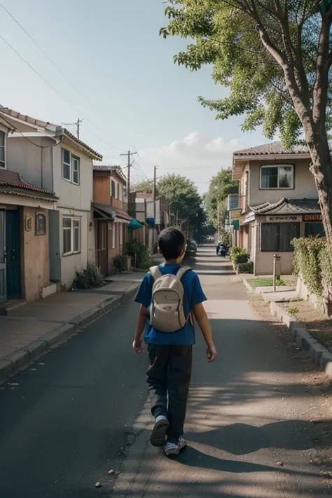 "A young boy named Raka walking home from school, wearing a backpack, on a quiet sunny afternoon. The street is lined with trees and small houses, with a few shops in the background."