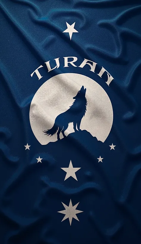 A dark blue flag featuring a crescent moon and 8 edge star, inspired by Turkic and Turanist symbols. In the center of the crescent, there is a howling wolf standing on a hill, representing the legendary Asena. Above the wolf, the word 'TURAN' is written in...