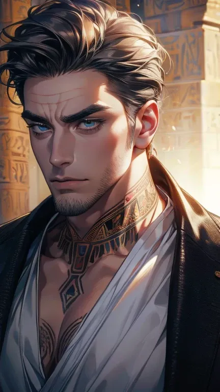 (       High Quality. ,4K,8k,       highres,       masterpiece :1.2),       ultra-detailed    ,(realistic,photorealistic,photo-realistic:1.37),36-year-old man,10-day beard,Beautiful anime,Portraits,strong,Masculine,   with dark gray hair  ,sharp jaw,      ...