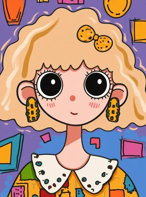 Flat wind，vector，ish art cartoon，Blonde hair big earrings anime girl smiling, Big eyes，Cute expressions，Bangs，Minimalism，Blouse with a large collar，piece together，Lovely art style, Colorful! Digital illustration style, Mathematical Art. Colorful comic, Han...