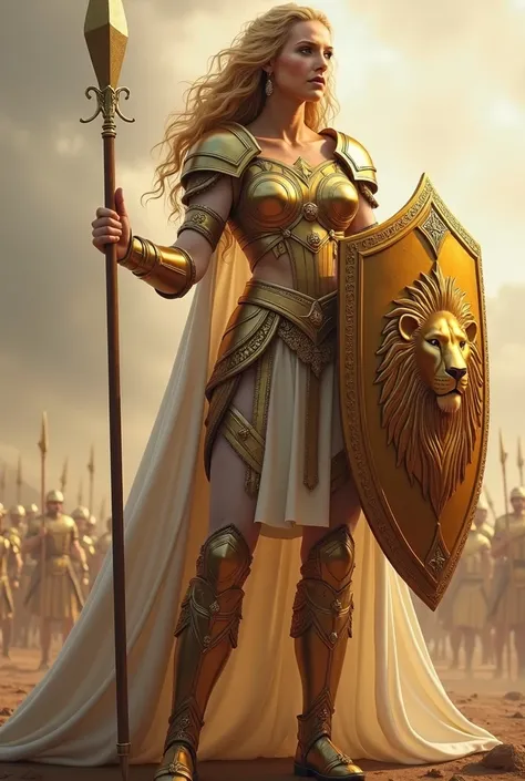 make her shield round and female lion head instead of male on the shield, remove soldiers in the back, in the background make vibrant amazon like forest, make the tip of her spear silver and more realistic