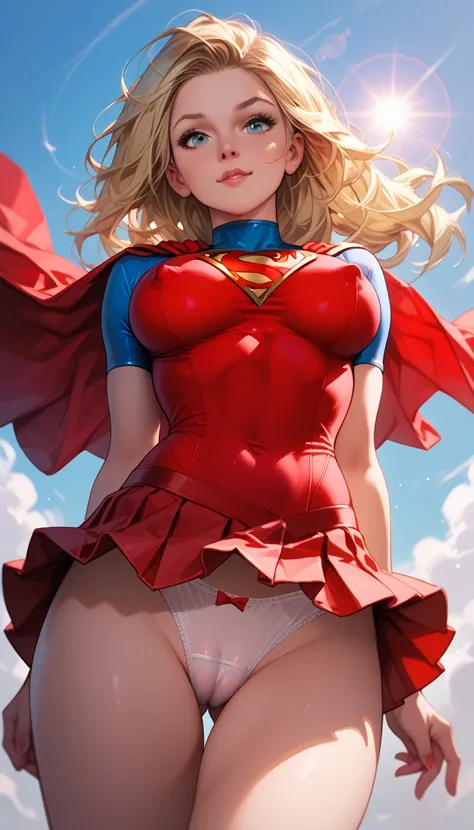 30 year old Supergirl, wearing  supergirl outfit, short red pleated skirt, white panties,Large breasts,clothed,Lens Flare, Large breasts, erect nipples, cameltoe 