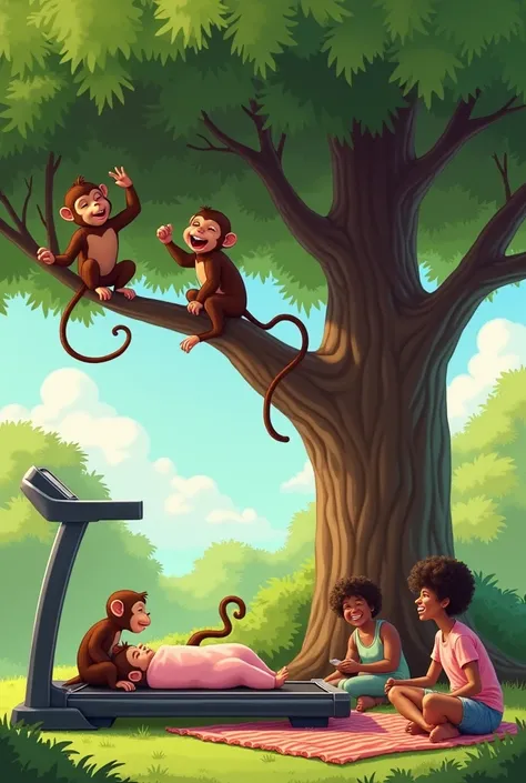  Image of monkeys playing in the tree, one of them looking at the human baby who is sleeping on a treadmill under the tree while the family eats lunch Black family