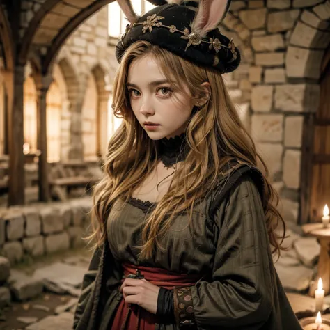 A female rabbit with long blond hair and red eyes in stylish medieval clothing, signaling forward in dynamic perspective, better quality. 