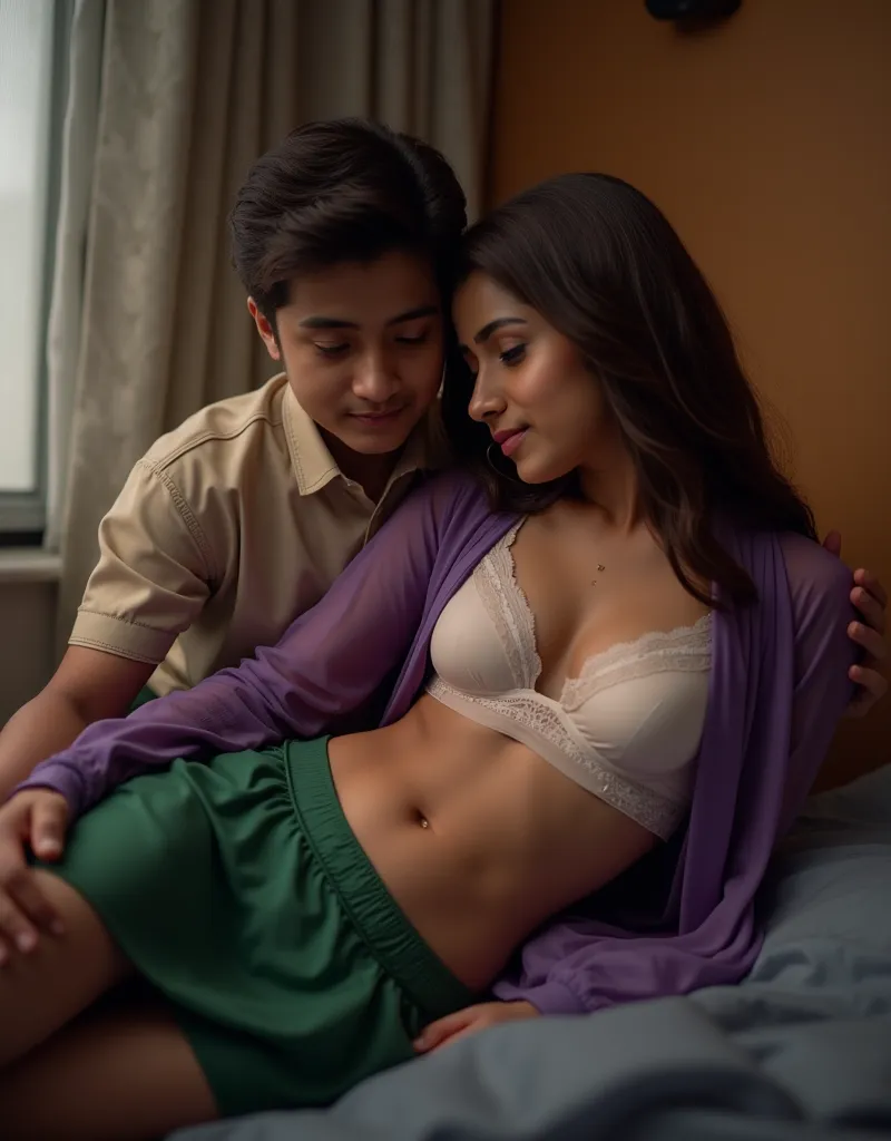 closeup, realistic, uhd image, indian brother and indian sister come back from school and have secret affair, lying on bed, he is smelling her bra, sister facing camera, secret relationship, brother wearing school uniform, she is wearing front open purple ...