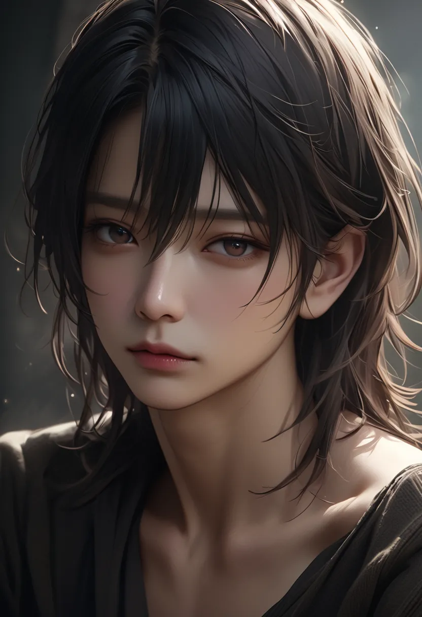 a sensual androgynous asian man, beautiful detailed eyes, long smooth black hair, melancholic expression, (best quality,4k,8k,highres,masterpiece:1.2),ultra-detailed,(realistic,photorealistic,photo-realistic:1.37),cinematic lighting,dramatic chiaroscuro,da...