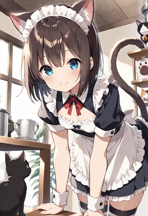 ((masterpiece, best quality, ultra detailed, high resolution, beautiful detailed face, beautiful detailed eyes, perfect hands)), (1 girl, solo), (cat ear and tail), (small breasts), (maid costume, maid headdress, maid apron), (black striped thighhighs), (s...