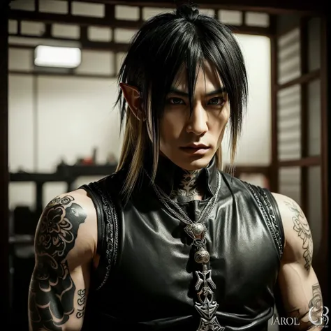 1 male elf,  Japanese man elf, male, Asian eyes, muscular, broad shoulders, yakuza tattoos, hairstyle Visual Kei style, hair Visual Kei, black men's shirt and black pants, ultra detailed face and eyes, hyperrealistic, realistic representation, long hair, l...