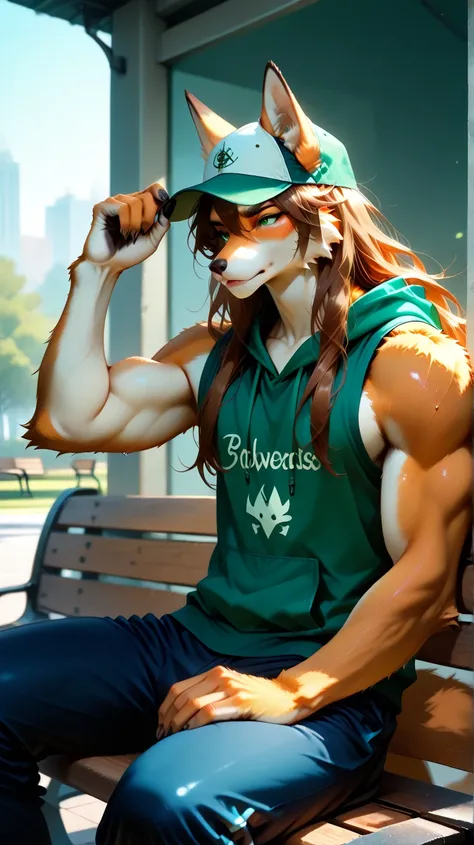 Park, sunny, park bench, male green eyes、male long brown hair, tan fur male furry with muscular body, Artistic, fox snout, professional lighting、 super detailed depiction of Artwork, long hair, flowy hair、super detailed furry face 、 super detailed eyes、 de...