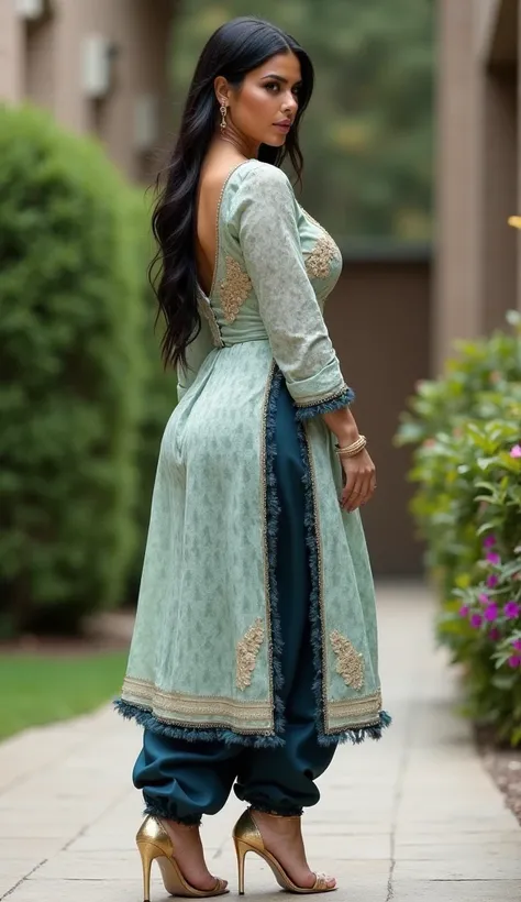 Kim Kardashian is standing back yard at home , wearing a traditional South Asian outfit.
Show body curves , side view, show sexy ass,The woman appears to be of South Asian descent. She is wearing a long, patterned top, the design of which is a light color ...