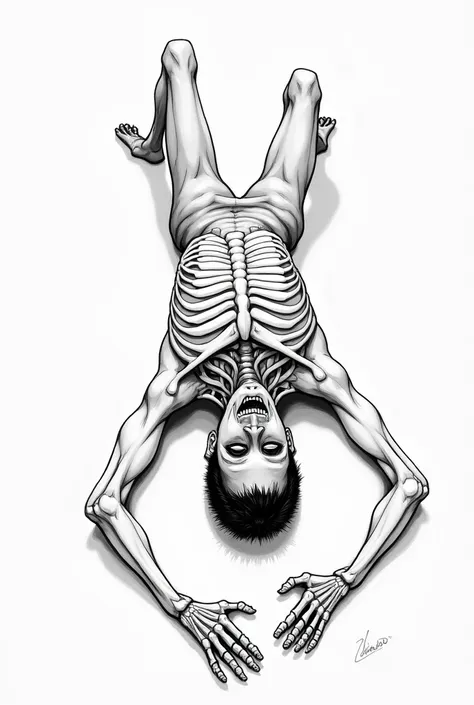  A shirtless man, skeletal,  on your back,  facing a mirror, The reflection seems desperate sketch style