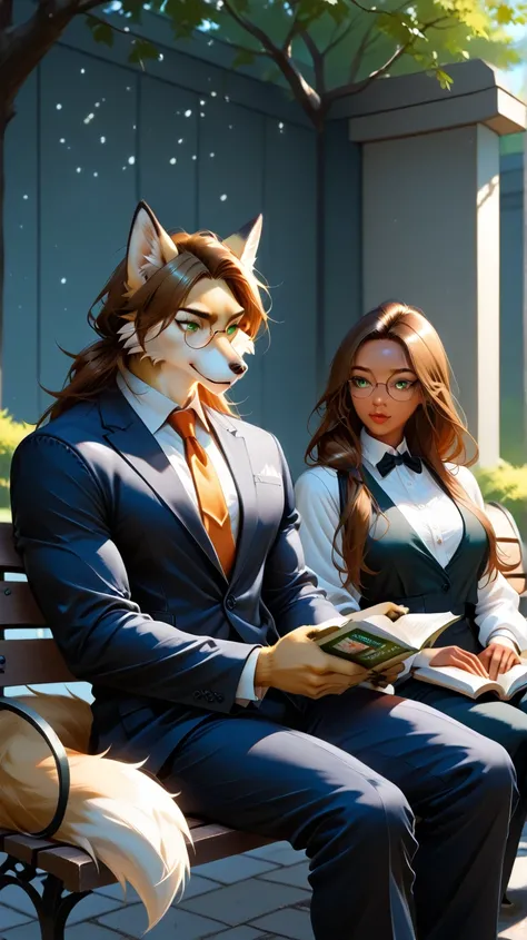 Park, sunny, park bench, male green eyes、male long brown hair, tan fur male furry with muscular body, glasses, Artistic, fox snout, professional lighting、 super detailed depiction of Artwork, long hair, flowy hair、super detailed furry face 、 super detailed...