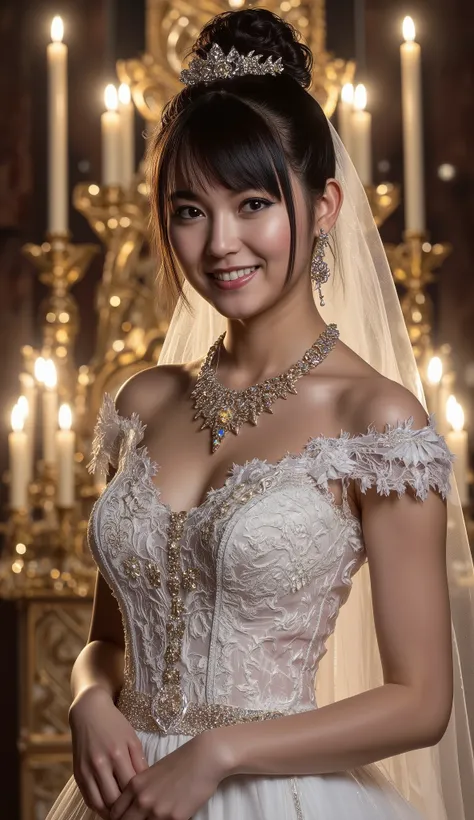 (((best quality))),(((ultra detailed))),(((masterpiece))),illustration,a girl,slim,bun,alluring,sexy,charming,smile,crystal necklace,white lace wedding dress, big breasts, hourglass figure, Set the scenario in a luxury church full of gold details, night sc...