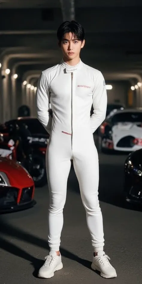 1 boy,in the tunnel,white racing suit,35mm,asian face,delicate features,studio lighting,white sneakers,nike shoes,muscular,slim figure,black hair,blue eyes,tall and thin,motorcycle,race car,supercar,