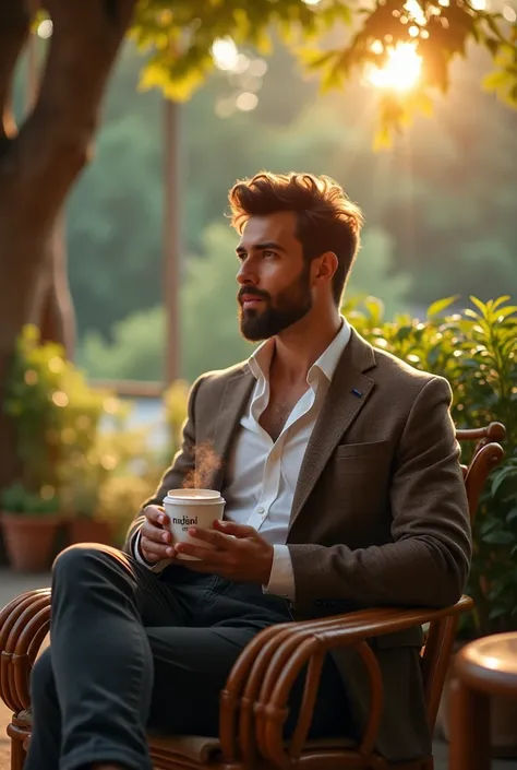 An exquisite photograph of a Man, dressed casually in a stylish outfit, sitting in a cozy outdoor coffee shop surrounded by nature. She's holding a steaming cup of coffee labeled with the "NGADI", taking a break from her busy life to enjoy the chill vibes....