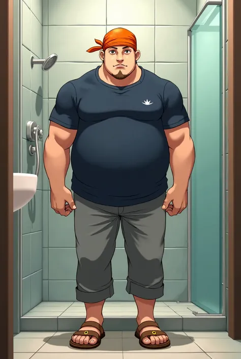 Big strong man, muscular, less chubby, in Anime, wearing his orange bandana around his head, wearing his Navy-blue shirt, Gray pants, bronze sandals on his feet, standing in the bathroom, beginning to stomping his feet, view from the bottom