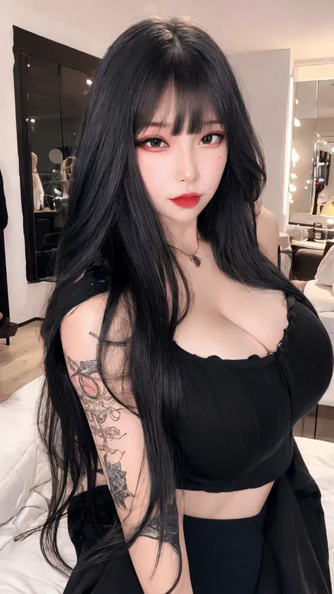 1woman, solo, korean, hottie, long black hair, black eyes, black suit, make up, eyeliner, looking at viewer, lips, blunt bangs, blush, standing, upper body, tatoo, large breats, (big tits), dinamic poses, laying on the bed