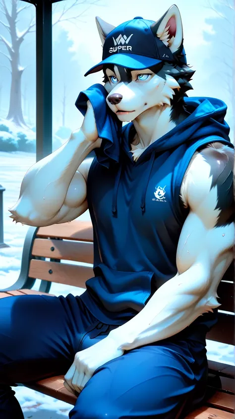 Park, winter, sunny, park bench, solo male husky furry with muscular body, Artistic, professional lighting、 super detailed depiction of Artwork, short hair、super detailed furry face 、 super detailed eyes、 detailed lips, male wearing tanktop hoodie and base...