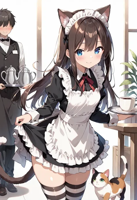 ((masterpiece, best quality, ultra detailed, high resolution, beautiful detailed face, beautiful detailed eyes, perfect hands)), (1 girl, solo, multiple cat), (cat ear and tail), (small breasts), (maid costume, maid headdress, maid apron), (black striped t...