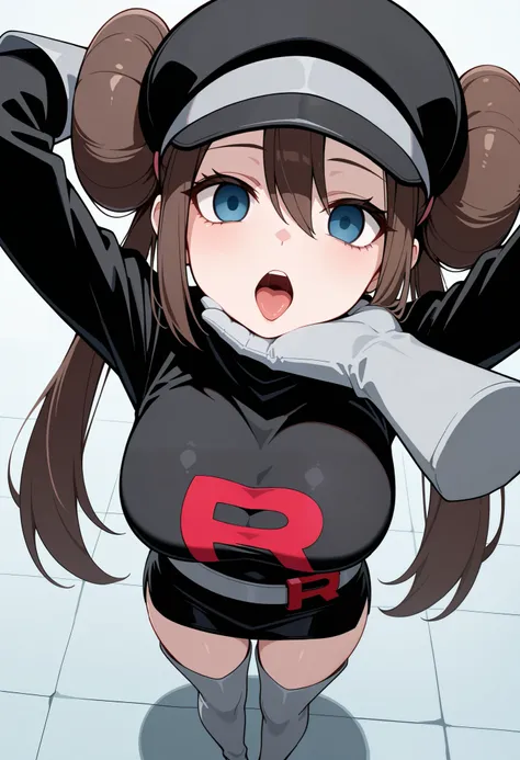 masterpiece, best quality, amazing quality, absurdres, anime coloring, large breasts, null

1girl, 1boy, standing, arms up, face focus, chin grab, pov, disembodied limb, disembodied arm, hand on another's chin, open mouth, tongue 

thighhighs, gloves, hat,...