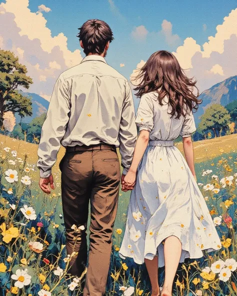 "Create a serene and dreamy scene of a couple walking through a vibrant meadow filled with tall grass and blooming white and yellow wildflowers under a bright, clear blue sky dotted with fluffy white clouds. The couple is seen from the back, gently strolli...