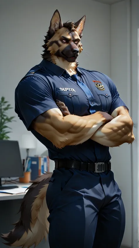 Office, german shepherd furry, with muscular body, Artistic, professional lighting、 super detailed depiction of Artwork, short hair, flowy hair、super detailed furry face 、 super detailed eyes、 detailed lips, male wearing cop uniform, arm crossed