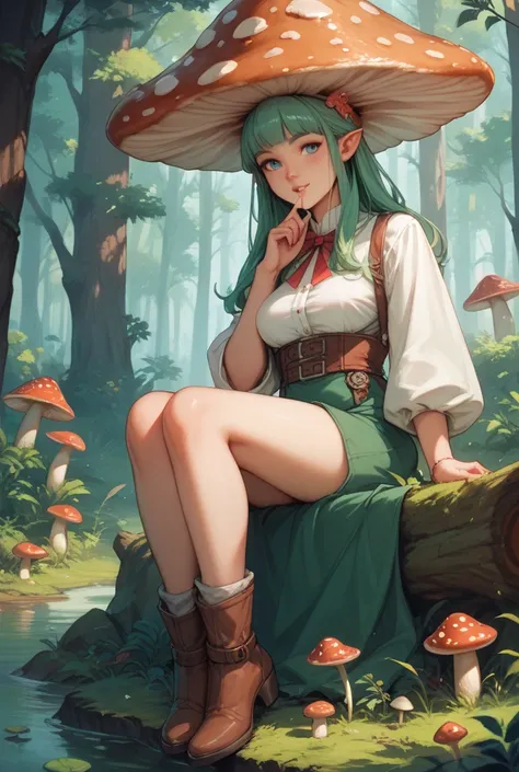 Make an art of an anime character, style dnd, eleven, wearing a mushroom with a hat ,  type costumes sitting in a forest 