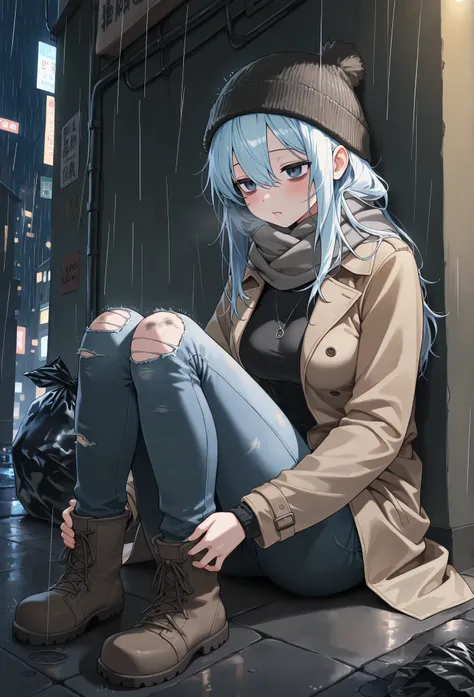  masterpiece,  the best quality,  necklace, 1 girl, Alone ,
Beige trench coat ,  sky blue hair, Gris eyes,  long hair,  hair between the eyes,   pale-skinned hair for women, 
Winter hat , without fingers,  winter clothing , jeans, UGG Boots, dirty,  ripped...