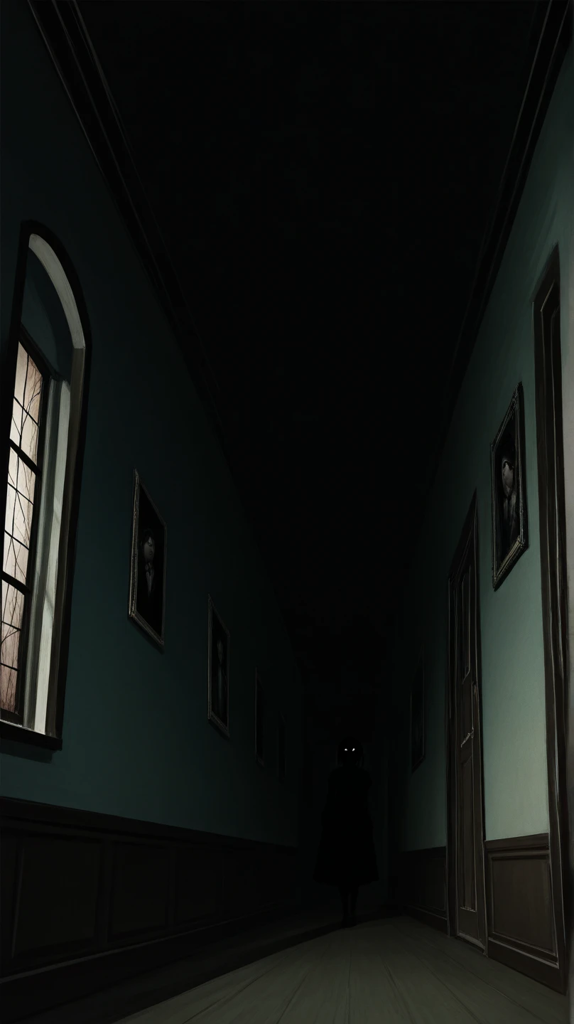 no human, haunted house, corridor, victorian style interior, windows on one side, paintings on wall, low angle shot, wide-angle lens, extreme perspective distortion, stretched and distorted, silhouette with a vague smiling face at the end of the corridor, ...