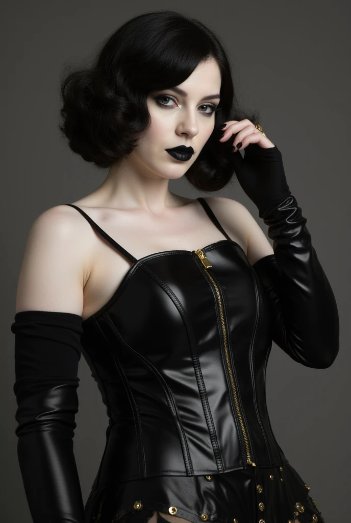 Beautiful Female Cenobite with bright white skin, black fingernails, black 1930’s stylized hair, black lipstick, white eye contacts, wearing a over the shoulder black glossy latex long sleeve shoulder warmers, gold metal finger rings, black Glossy Corset w...