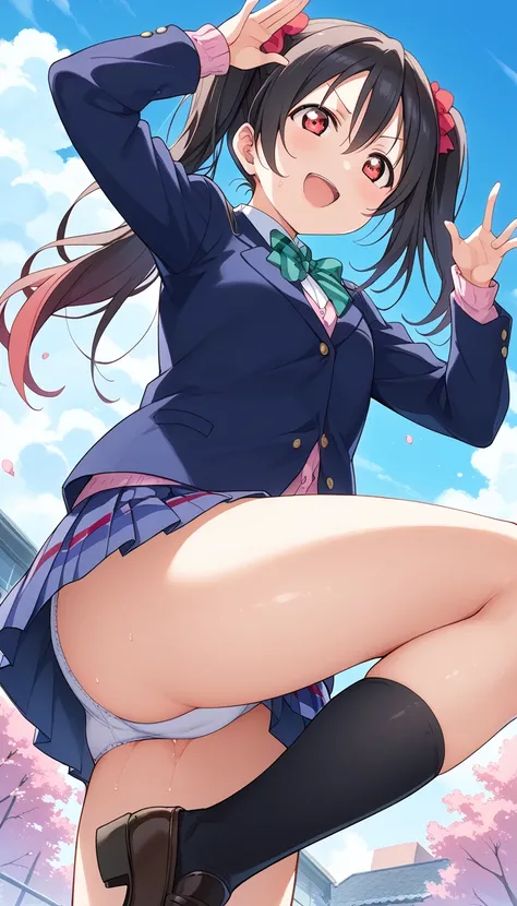  score_9,  score_8_  up the side  ,  score_7_  up the side  ,  source_  anime break with the sky in the background, one girl 、  alone, 空を背景にした , uniform、  pleated skirt、  close one eye,  open your mouth  、laughing barefoot  ,  dynamic pose, punch、 erotic u...