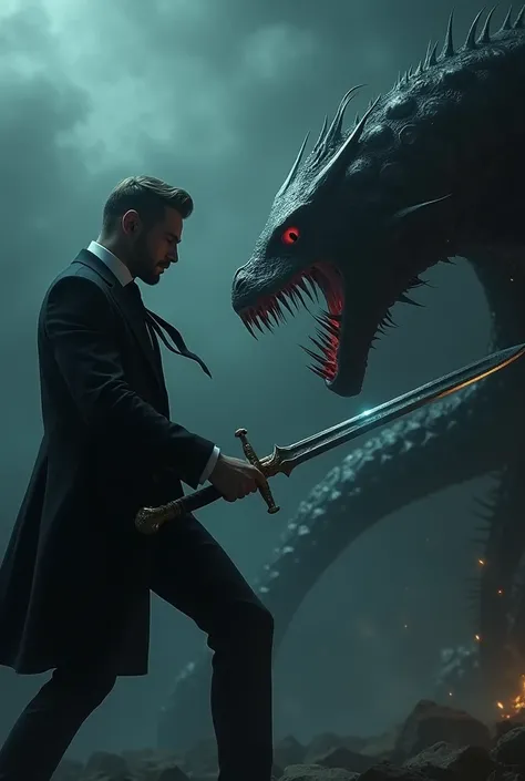 Handsome modern hunter dressed in a suit and tie fighting with a sword against a gill-man at night