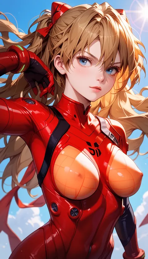 Asula langley, red plugsuit costume Large breasts,clothed,Lens Flare, Large breasts, erect nipples 